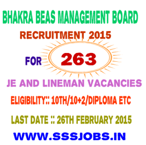 BBMB Recruitment 2015 for 263 JE and Lineman Vacancies