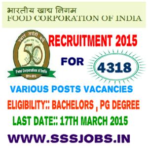 Food Corporation of India Recruitment 2015 for 4318 Various Posts