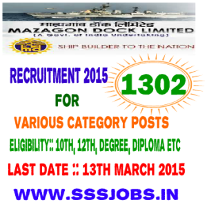 Mazagon Dock Limited Recruitment 2015 for 1302 Various Posts