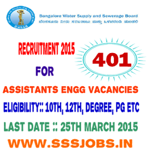 Bangalore BWSSB Recruitment 2015 for 401 Assts , Engg Posts